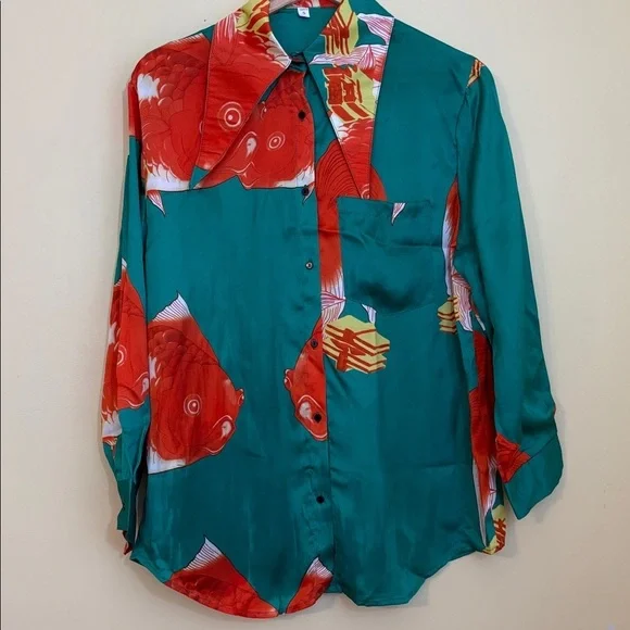 NIP Colorful Teal Orange Gold Fish Print Button Pointed 70s Style Retro Blouse S - Picture 2 of 11